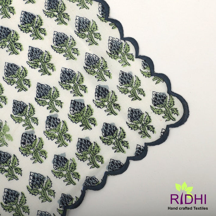 Fabricrush Airforce and Oxford Blue, Fern Green India Floral Hand Block Print Pure Cotton Tasseled Napkins, 18x18"- Cocktail Napkins, 20x20"- Dinner Napkins, Gift for her