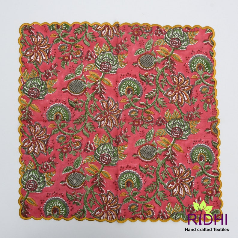 Thulian Pink, Fern Green, Tuscan Yellow Floral Indian Hand Block Printed Cotton Cloth Napkins, 9x9"-Cocktail Napkins, 20x20"- Dinner Napkins