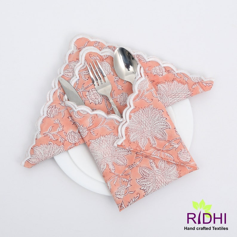 Fabricrush Salmon Pink and White Indian Hand Block Floral Printed Cotton Cloth Napkins, Wedding Event Home Party Gift 18x18"- Cocktail 20x20"- Dinner, Gift for her, gifts, Halloween, Christmas, Thanksgiving