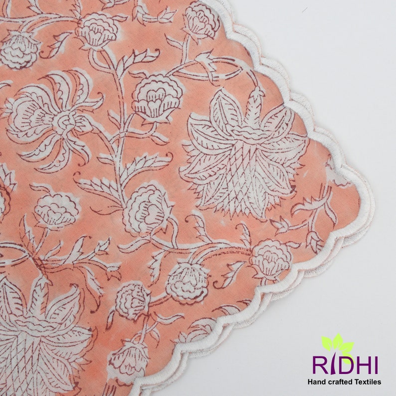 Fabricrush Salmon Pink and White Indian Hand Block Floral Printed Cotton Cloth Napkins, Wedding Event Home Party Gift 18x18"- Cocktail 20x20"- Dinner