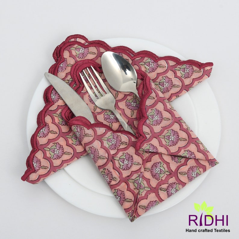 Amaranth and Grape Pink, Pear Green Indian Hand Block Floral Printed Cotton Cloth Napkins, 9x9"- Cocktail Napkins, 20x20"- Dinner Napkins