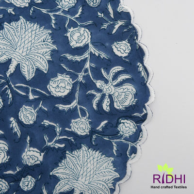 Prussian Blue and White Indian Floral Hand Block Printed 100% Pure Cotton Cloth Mats, Farmhouse Decor, Wedding Decor, Embroidery Mats, Gifts