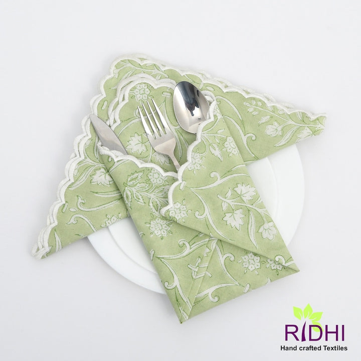 Fabricrush Pear Green and Off White Floral Indian Hand Block Floral Printed Pure Cotton Cloth Napkins, 18x18"- Cocktail Napkins, 20x20"- Dinner Napkins, Gift for her, gifts, Valentine's day, Spring, Easter