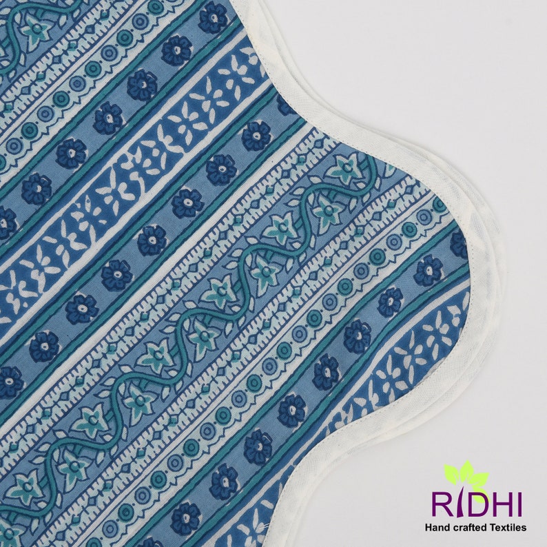 Fabricrush Blue and Off White Indian Hand Block Floral Piping 100% Pure Cotton Cloth Napkins, 20"x20"- Dinner Napkins