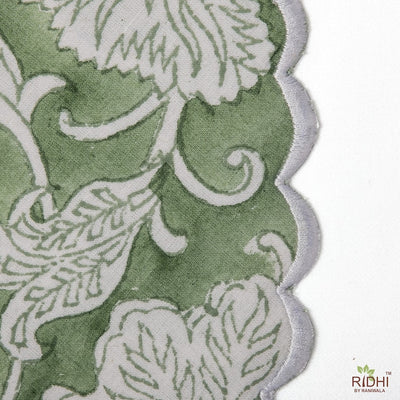 Mats, Sage Green and Off White Flower Print, Table Mat, Embroidered, Cotton Fabric, India Block Print, Cotton Mat Set, Floral Fabric