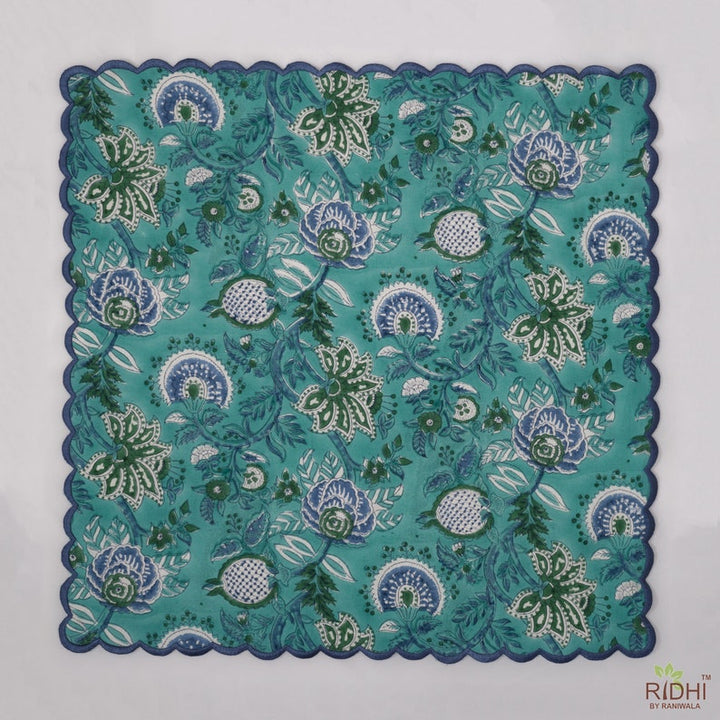 Sapphire Green and Yale Blue Indian Floral Hand Block Print Cotton Embroidery Napkins