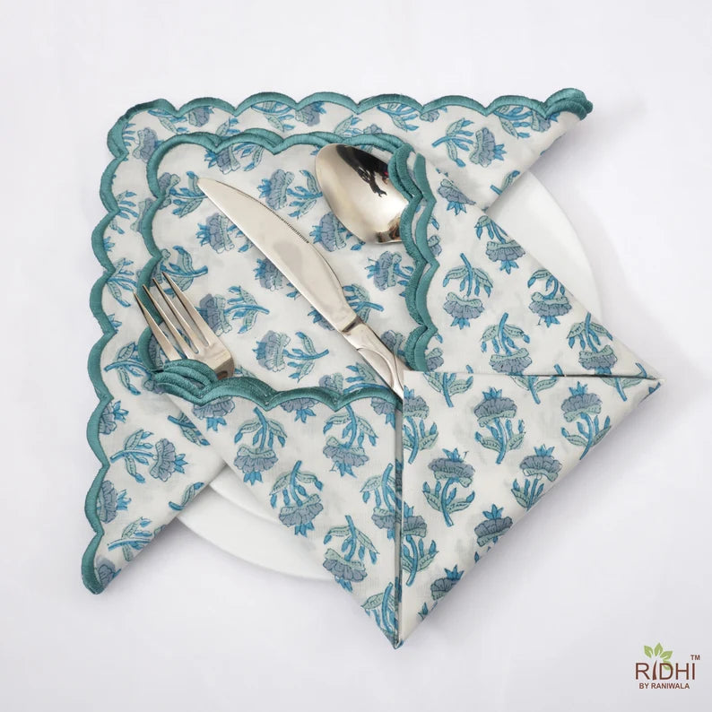 Carolina, Teal and Stone Blue Indian Floral Hand Block Printed Cotton Cloth Napkins, Wedding School Event Home, 9x9”-Cocktail 20x20”- Dinner