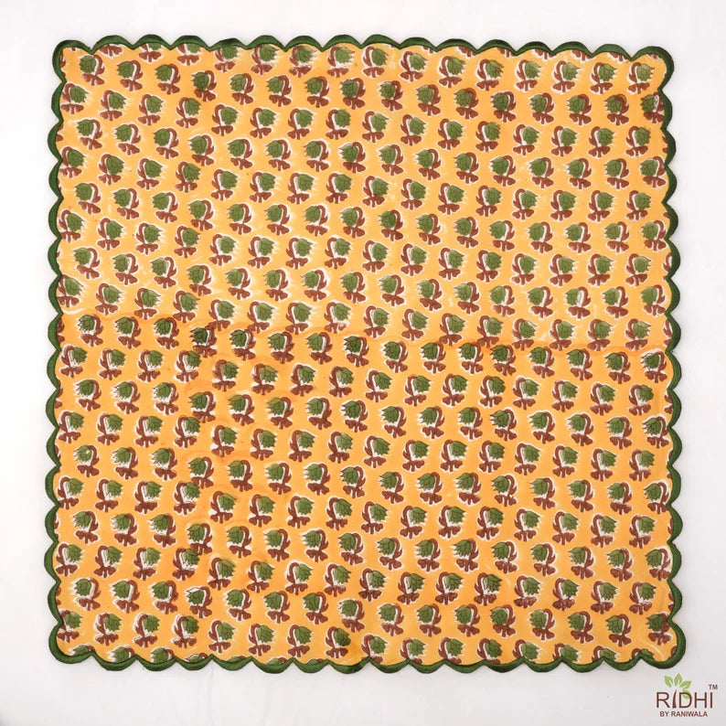 Fire Yellow and Olive Green Indian Hand Block Printed Drip Flower Pure Cotton Cloth Napkins, 9x9”- Cocktails Napkins, 20x20”- Dinner Napkins