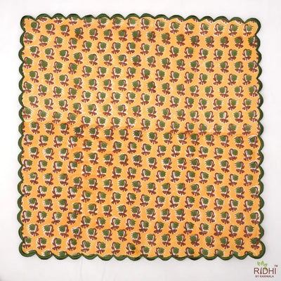 Fire Yellow and Olive Green Indian Hand Block Printed Drip Flower Pure Cotton Cloth Napkins, 9x9”- Cocktails Napkins, 20x20”- Dinner Napkins