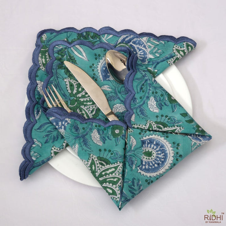 Fabricrush Sapphire Green and Yale Blue Indian Hand Block Floral Printed Pure Cotton Cloth Napkins Wedding Farmhouse Home 18x18"- Cocktail 20x20"- Dinner, Gift for her, gifts, Halloween, Christmas, Thanksgiving