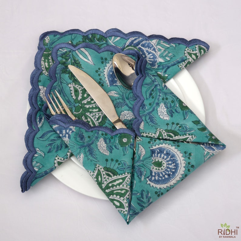 Sapphire Green and Yale Blue Indian Hand Block Floral Printed Pure Cotton Cloth Napkins Wedding Farmhouse Home 9x9"- Cocktail 20x20"- Dinner