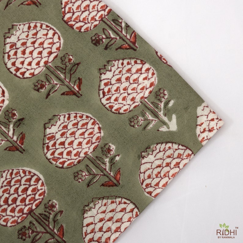 Fabricrush Olive Green and Cherry Red Indian Floral Hand block printed Pure Cotton Cloth Napkins, Wedding Farmhouse Home, 18x18"- Cocktail 20x20"- Dinner