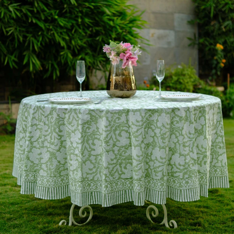 Fabricrush Sage Green Round Tablecloth, Indian Floral Block Printed Cotton Cloth Table cover, Party Wedding Home Decor Event Farmhouse Table Linen Home