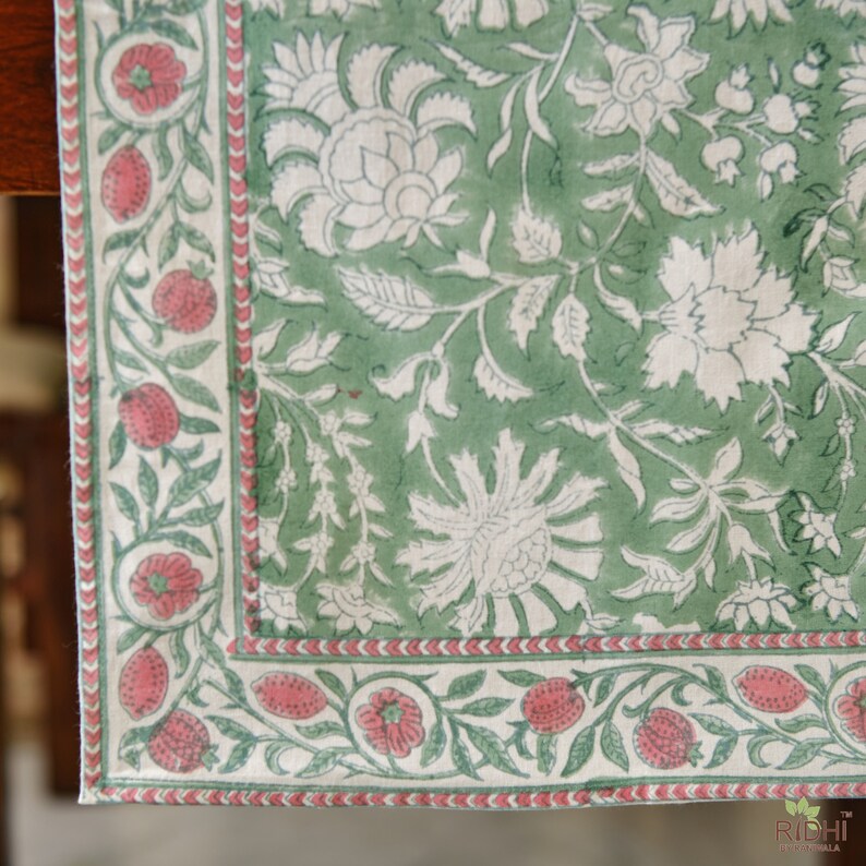 Fabricrush Mint Green and Off White Indian Hand Block Floral Printed 100% Pure Cotton Cloth Table Runner Border Design, Wedding Events Home Decor Party, Gift for her, gifts