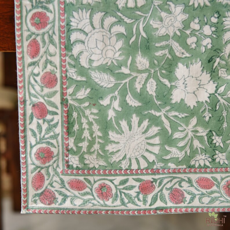 Fabricrush Mint Green and Off White Indian Hand Block Floral Printed 100% Pure Cotton Cloth Table Runner Border Design, Wedding Events Home Decor Party