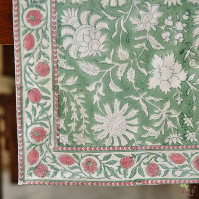 Mint Green and Off White Indian Hand Block Floral Printed 100% Pure Cotton Cloth Table Runner Border Design, Wedding Events Home Decor Party