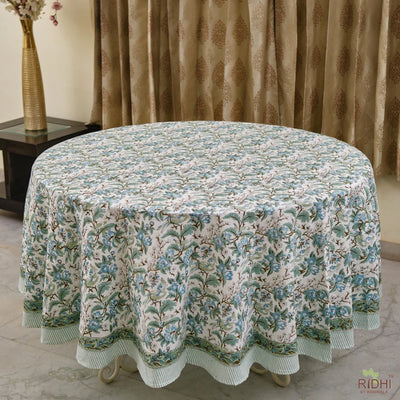 Fabricrush Indian Hand Block Floral Printed Cotton Sage and Russian Green, Peanut Brown Round Tablecloth, Table Cover