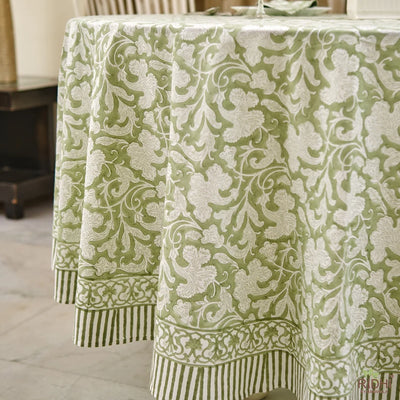 Fabricrush Sage Green Round Tablecloth, Indian Floral Block Printed Cotton Cloth Table cover, Party Wedding Home Decor Event Farmhouse Table Linen Home