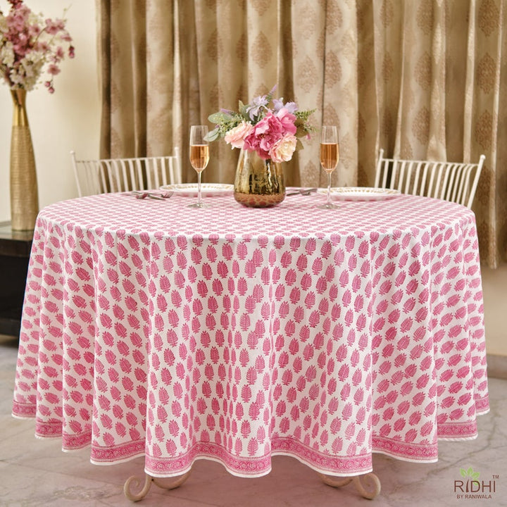 Taffy Pink Indian Hand Block Leaf Printed 100% Pure Cotton Round Tablecloth, Dining Tablecloth, Party Tablecloth, Gift for Her, Gift for her, gifts, Valentine's day,  Easter, Spring