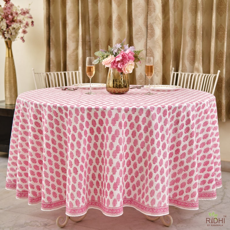 Taffy Pink Indian Hand Block Leaf Printed 100% Pure Cotton Round Tablecloth, Dining Tablecloth, Party Tablecloth, Gift for Her, 60" 90" 110"
