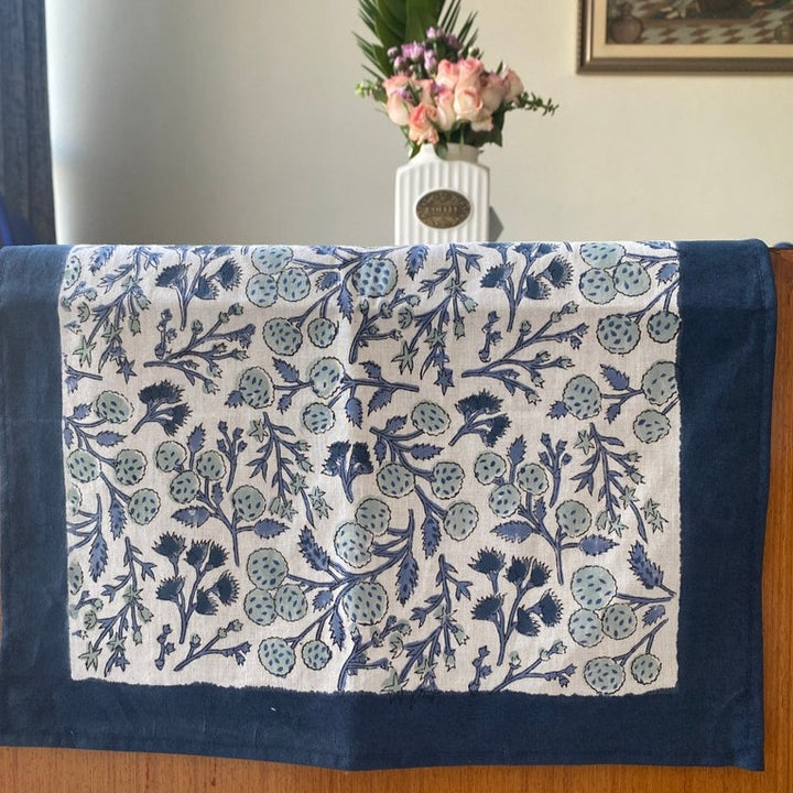 Fabricrush Denim and Baby Blue Indian Hand Block Floral Printed Pure Cotton Cloth Table Runner, Gift for her