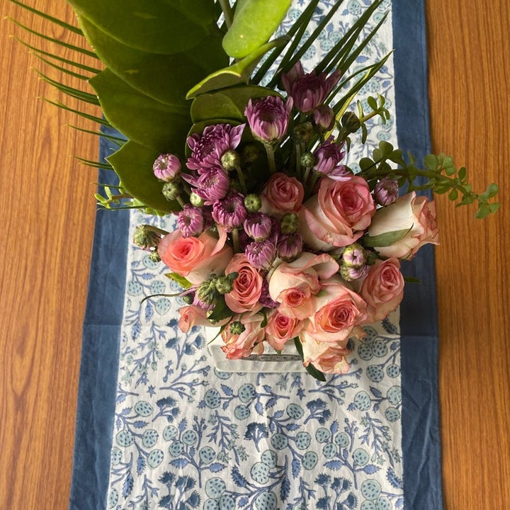 Fabricrush Denim and Baby Blue Indian Hand Block Floral Printed Pure Cotton Cloth Table Runner, Gift for her