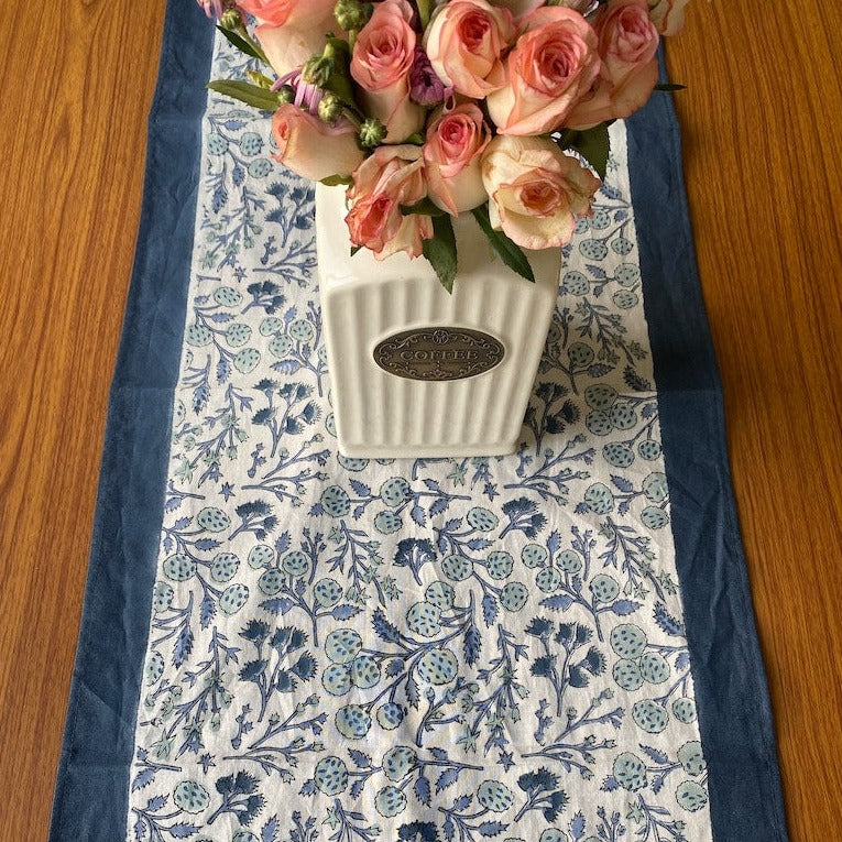 Denim and Baby Blue Indian Hand Block Floral Printed Pure Cotton Cloth Table Runner, Wedding Events Home Decor Party Console Farmhouse Gifts