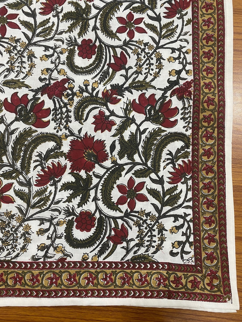 Fabricrush Prune Red and Army Green Colour Floral Border Design Hand Block Print Cotton Cloth Tablecloth, French Tablecloth, Farmhouse Wedding Outdoor