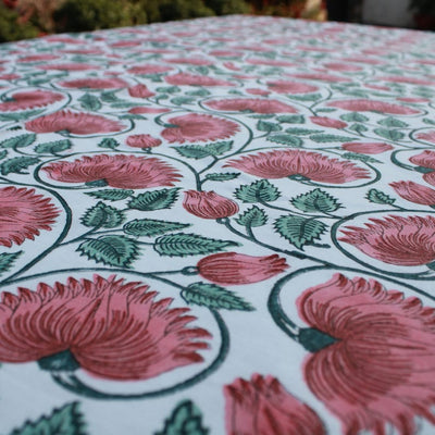 Fabricrush Coral and Turquoise Green Indian Handmade Block Floral Printed Pure Cotton Tablecloth, Dining Table Cover, Housewarming Wedding Farmhouse House