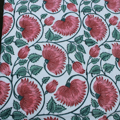 Fabricrush Coral and Turquoise Green Indian Handmade Block Floral Printed Pure Cotton Tablecloth