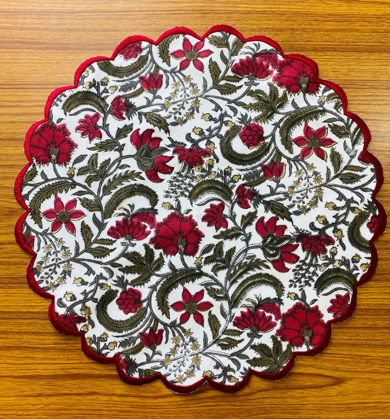 Fabricrush Prune Red, Army Green Indian Floral Hand Block Floral Printed 100% Pure Cotton Cloth Mats, Table Decor, Reusable Mats, Farmhouse Decor