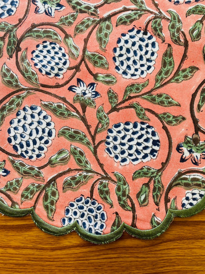 Dark Salmon Pink, Sage Green, Delft Blue Indian Floral Hand Block Floral Printed Cotton Cloth Mats, Table Decor, Reusable Mats, Farmhouse