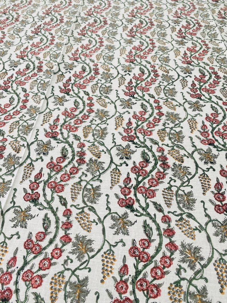 Fabricrush Coral Pink Hunter Green Indian Hand Block Floral Printed Tablecloth, Cotton Cloth Table Cover for Farmhouse Wedding Party Home Decor Outdoor, Custom Table Cloth, Gift for her, gifts, Valentine's day, Spring, Easter