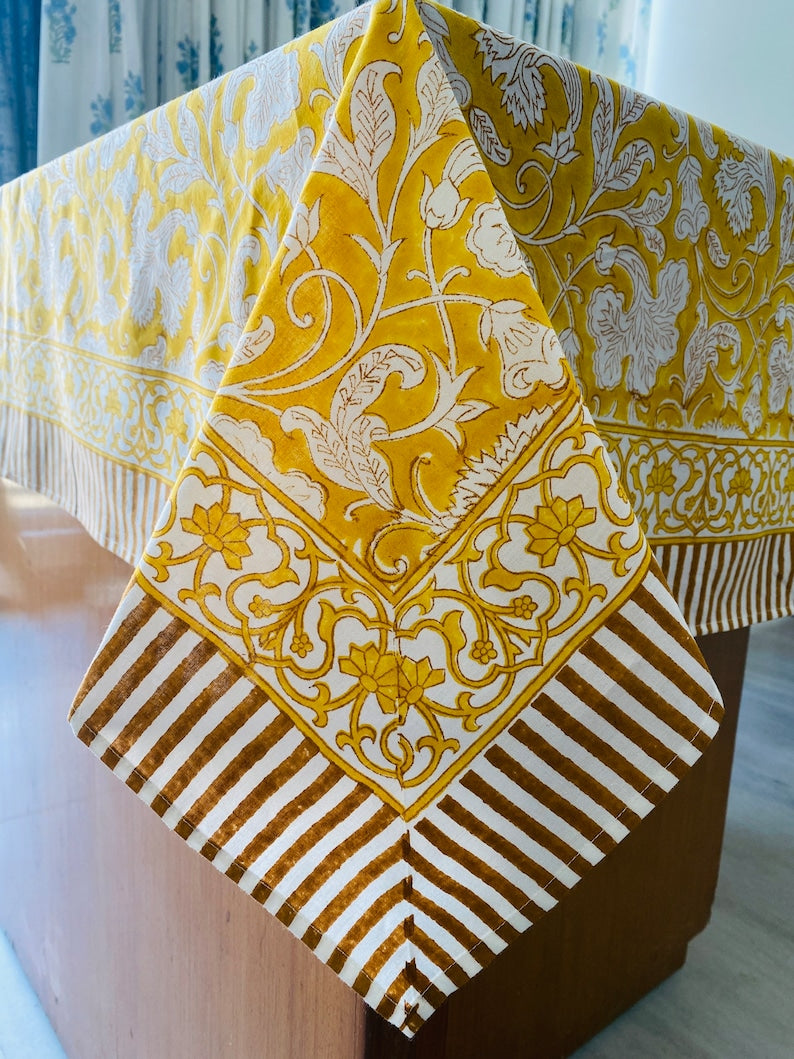 Fabricrush Saffron Yellow, Deep Pruce and off White Indian Hand Block Floral Printed Pure Cotton Tablecloth Dining Table Cover, Farmhouse Wedding Party