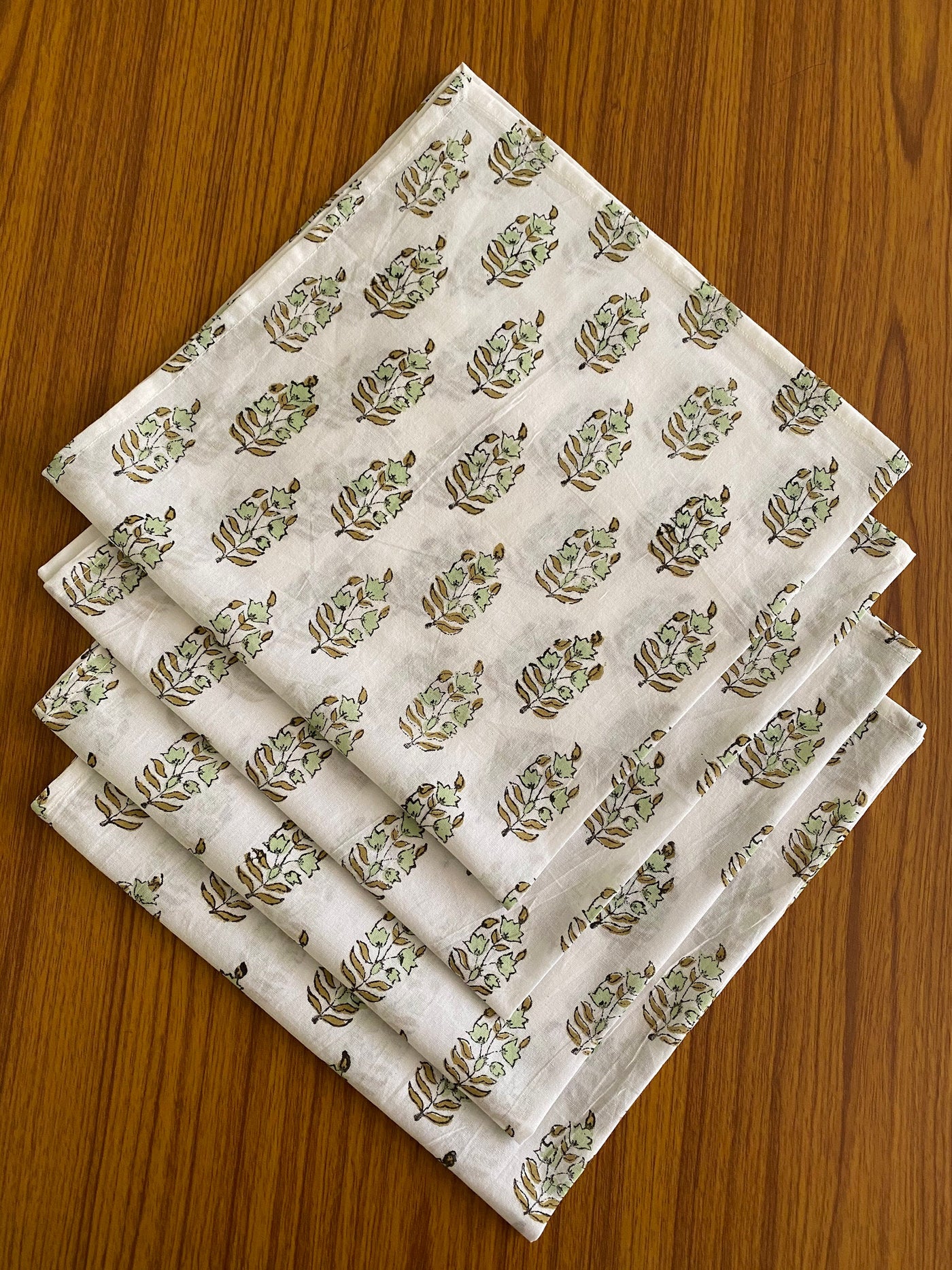 Mint, Olive Green on White Indian Hand Block Floral Printed 100% Pure Cotton Cloth Napkins, 18x18"- Cocktail Napkins, 20x20"- Dinner Napkins