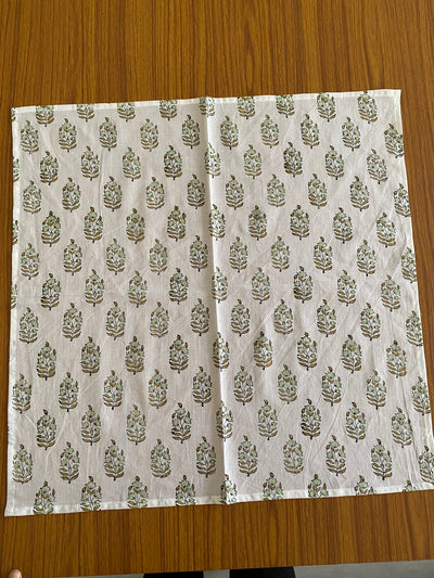 Fabricrush Mint, Olive Green on White Indian Hand Block Floral Printed 100% Pure Cotton Cloth Napkins, 18x18"- Cocktail Napkins, 20x20"- Dinner Napkins