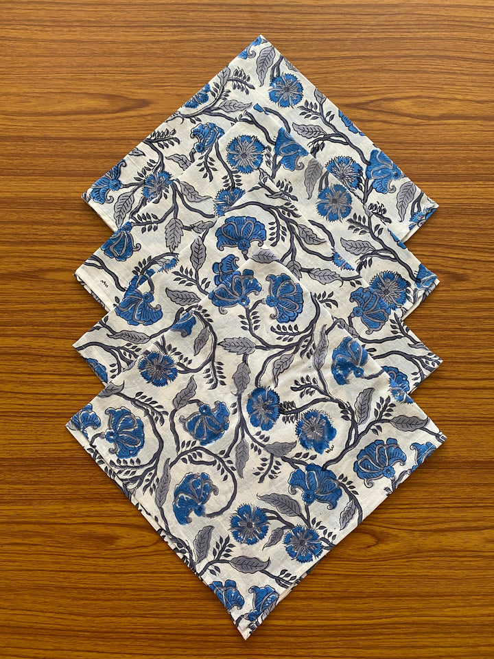 Aqua and Pigeon Blue Indian Floral Hand Block Printed Pure Cotton Cloth Napkins