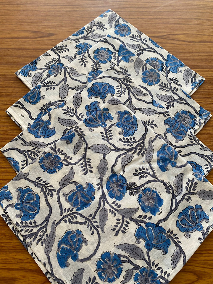 Aqua and Pigeon Blue Indian Floral Hand Block Printed Pure Cotton Cloth Napkins