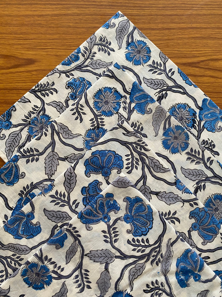 Aqua and Pigeon Blue Indian Floral Hand Block Printed Pure Cotton Cloth Napkins