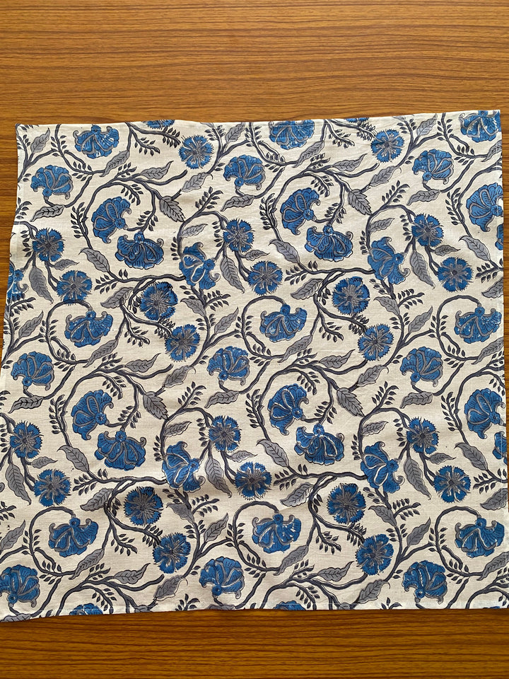 Aqua and Pigeon Blue Indian Floral Hand Block Printed Pure Cotton Cloth Napkins