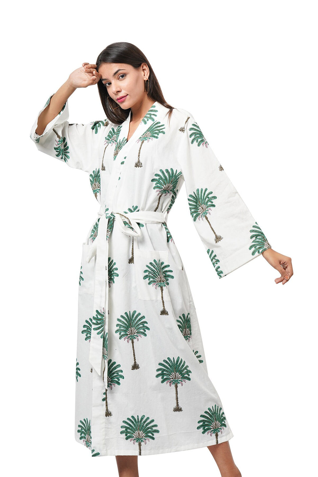 Fabricrush Hawaiian Green Palm Beach Wear, Tunic, kaftan, India Cotton Dress For Women, Bikini Cover up, Ethnic Kimono, Plus Size Robe, Delivery Gown