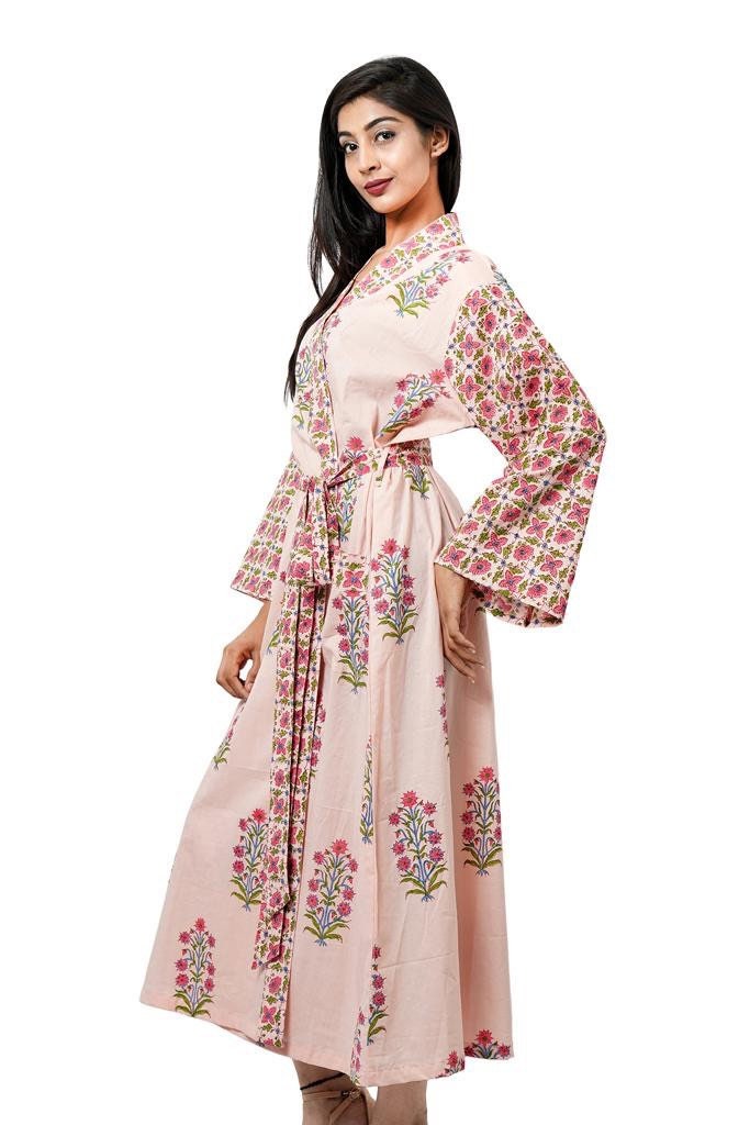 Peach Blossom Floral Kimono Robe Beach Wear Cotton Bath Robe Gown, , 100%Cotton Plus Size Dress