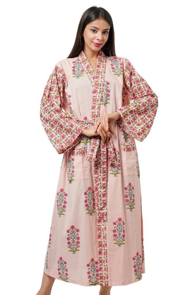 Fabricrush Peach Blossom Floral Kimono Robe Beach Wear Cotton Bath Robe Gown, , 100%Cotton Plus Size Dress