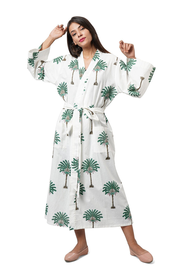 Fabricrush Hawaiian Green Palm Beach Wear, Tunic, kaftan, India Cotton Dress For Women, Bikini Cover up, Ethnic Kimono, Plus Size Robe, Delivery Gown