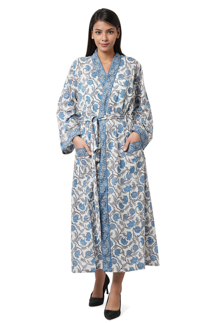 Fabricrush Aqua and Pigeon Blue Block Print Kimono Loose Fit Robe, Beach Cover up, Swim Cover up, Beach party Kimono, Plus Size Kimono, Delivery Gown, Gift for her, gifts, Halloween, Christmas, Thanksgiving