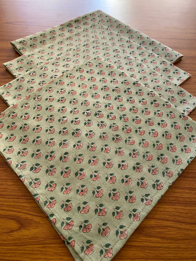 Light Swamp Green, New York Pink Indian Floral Hand Block Printed Pure Cotton Cloth Napkins, 18x18" Cocktail Napkins, 18x18"- Dinner Napkins