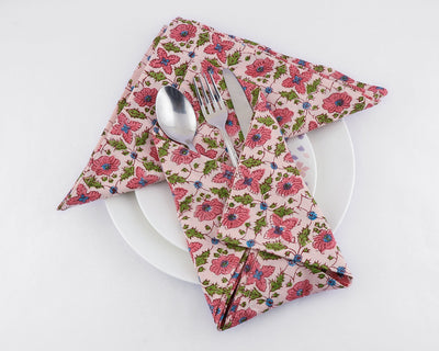 Salmon and Punch Pink, Forest Green Indian Hand Block Printed 100% Pure Cotton Cloth Napkins, 18x18"- Cocktail Napkins, 20x20"- Dinner Napkins