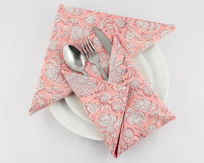 Fabricrush Salmon Pink and White Indian Floral Hand Block Printed 100% Pure Cotton Cloth Napkins, 18x18"- Cocktail Napkin, 20x20"- Dinner Napkins