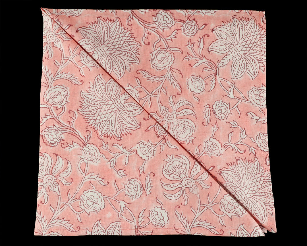 Fabricrush Salmon Pink and White Indian Floral Hand Block Printed 100% Pure Cotton Cloth Napkins, 18x18"- Cocktail Napkin, 20x20"- Dinner Napkins