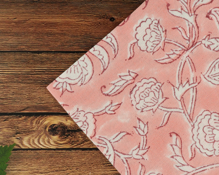 Fabricrush Salmon Pink and White Indian Floral Hand Block Printed 100% Pure Cotton Cloth Napkins, 18x18"- Cocktail Napkin, 20x20"- Dinner Napkins